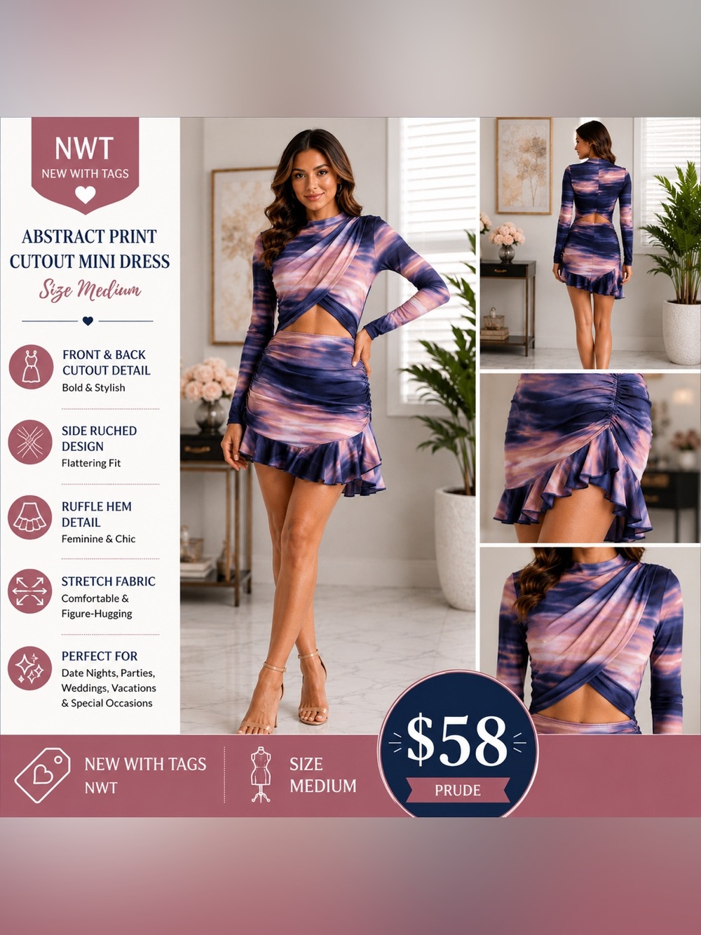 Abstract Print Cutout Mini Dress - Purple Pink Blend